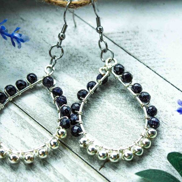 Teardrop Earrings with Blue Sandstone and Silver Accent Beads - Picture 9 of 12